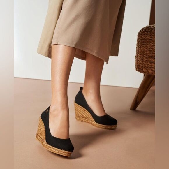 Viscata Marquesa Black Canvas Espadrille Platform Wedge Round Pumps Size 37 6.5 - Picture 1 of 11